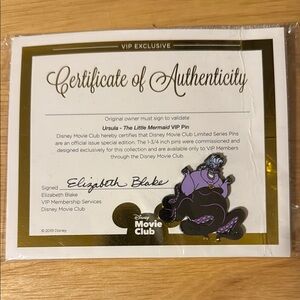 Disney Ursula Movie Club VIP Pin with Gold Certificate